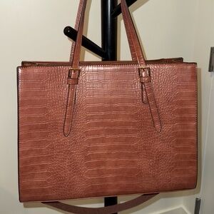 Brown Crocodile Embossed Faux Leather Work Tote Bag w/ Laptop Sleeve